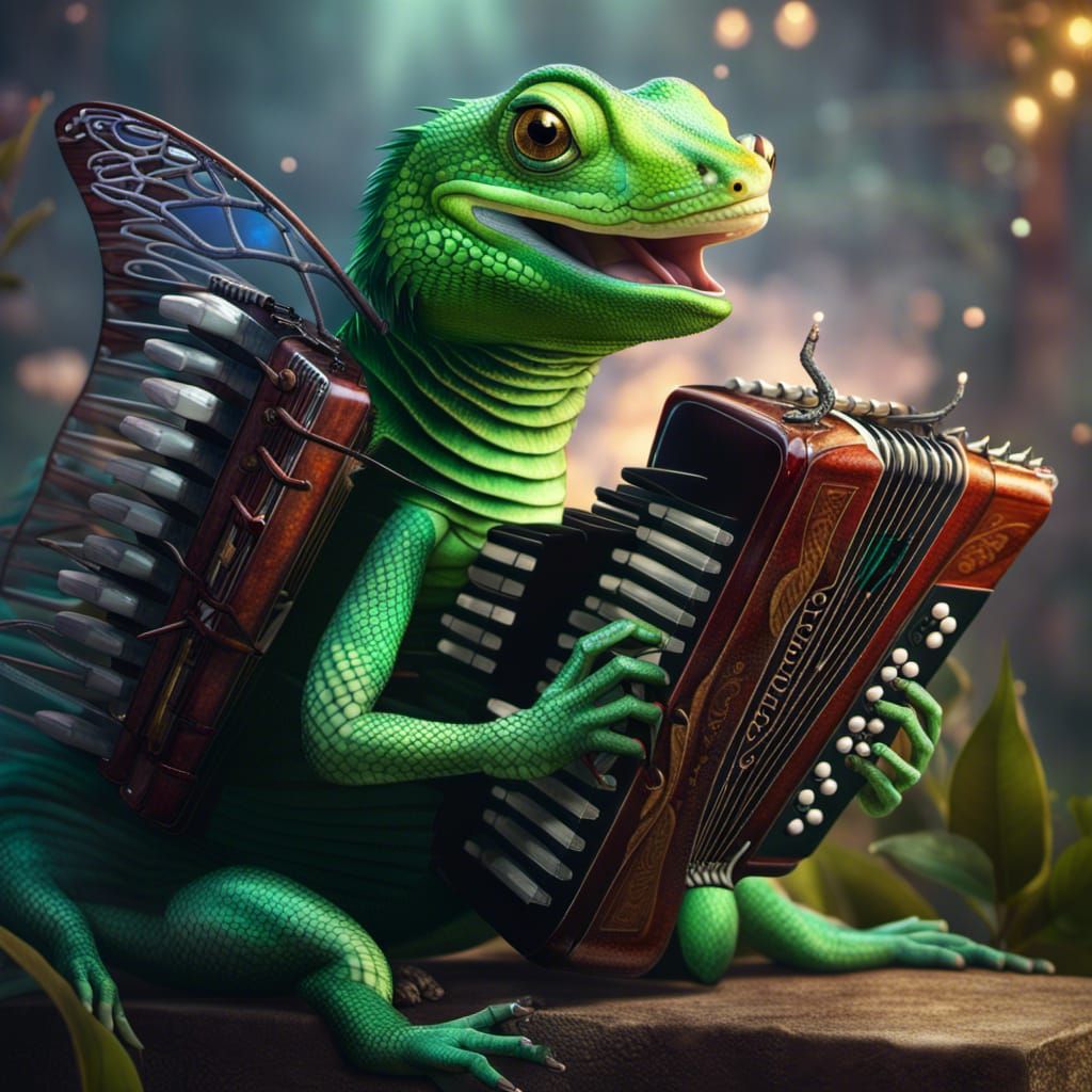 Green Lizard with Moth on Accordion, Detailed Matte Painting