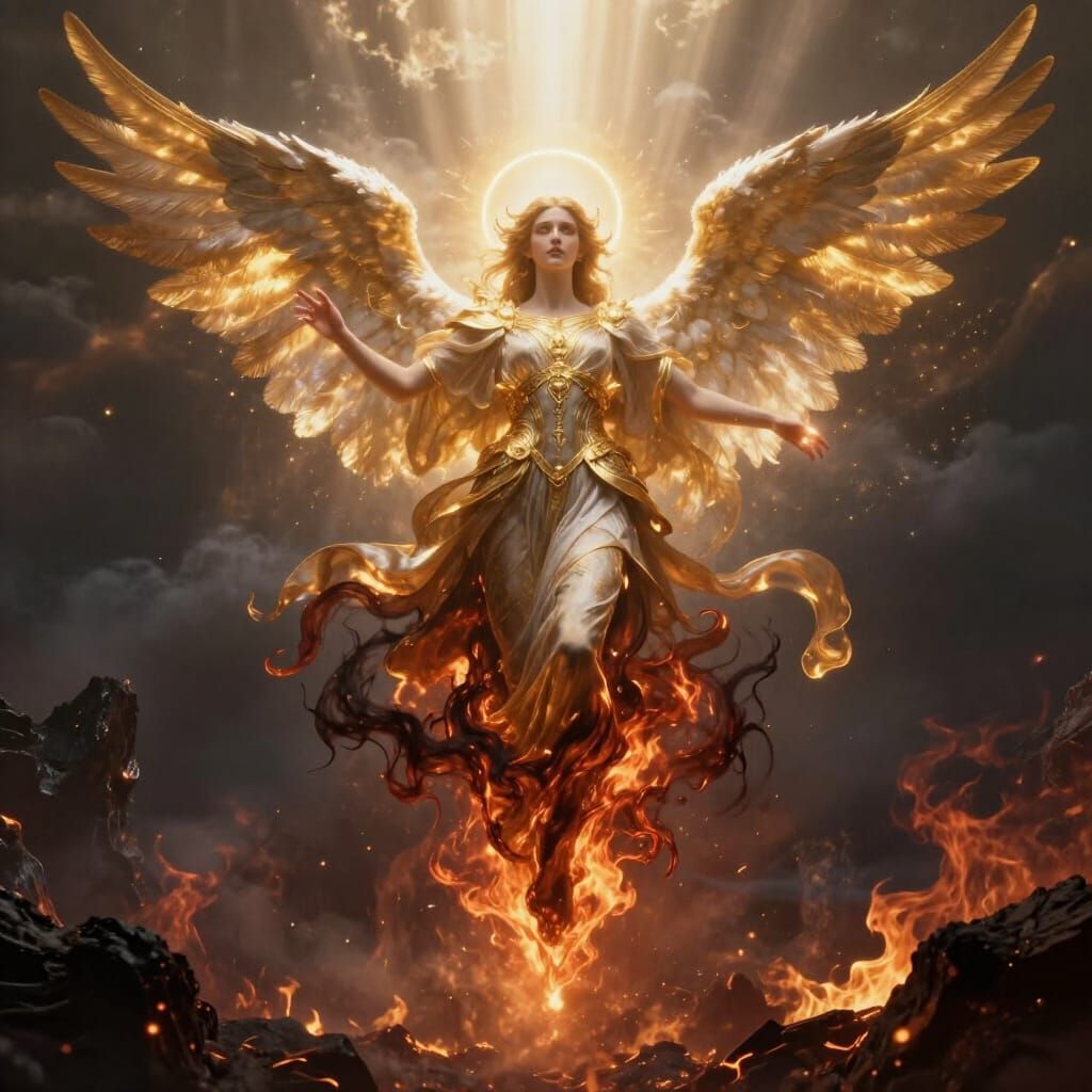 Celestial Angel Transforms into Fiery Shadow Creature