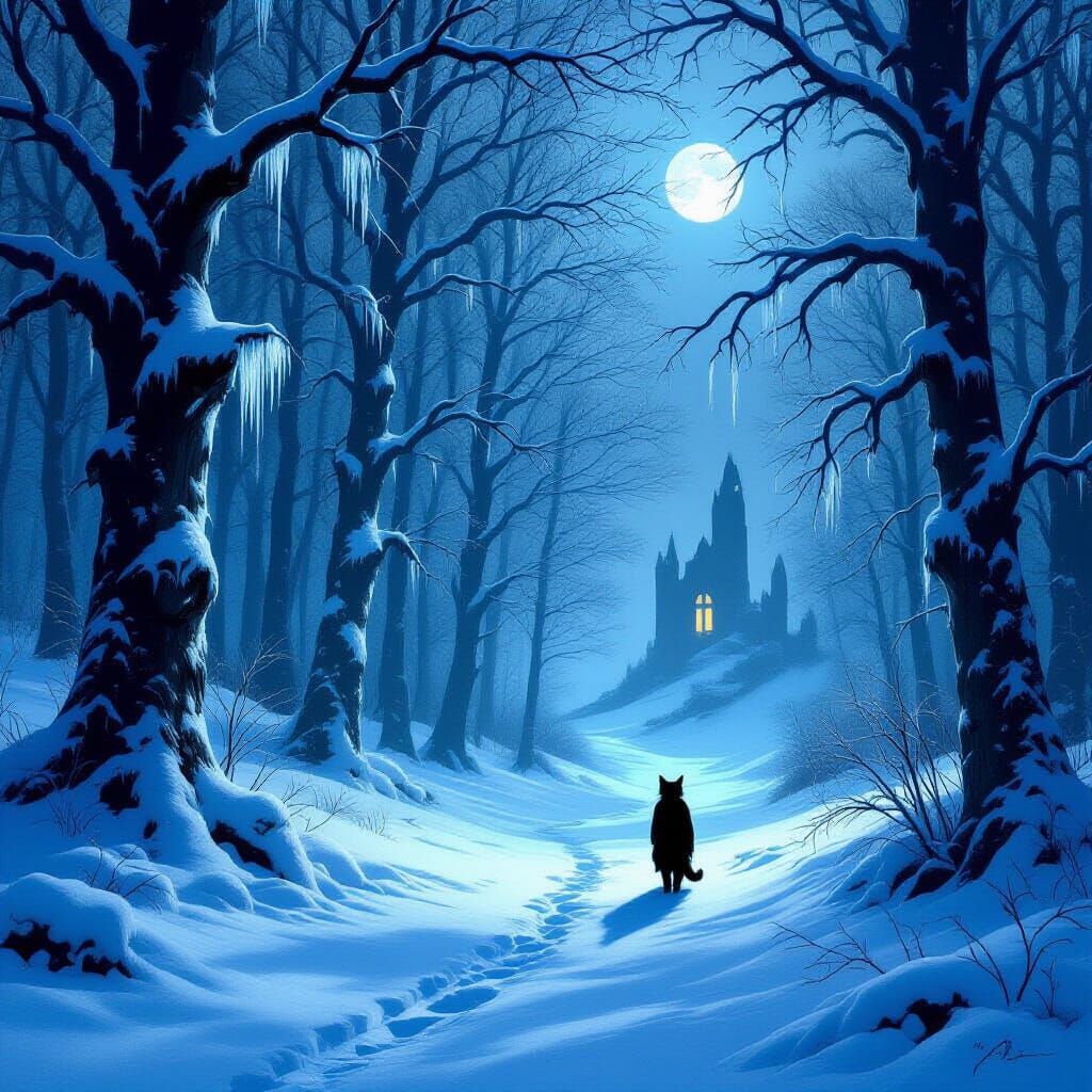 Mystical Snow Forest with Spectral Cat in Moody Dark Fantasy...
