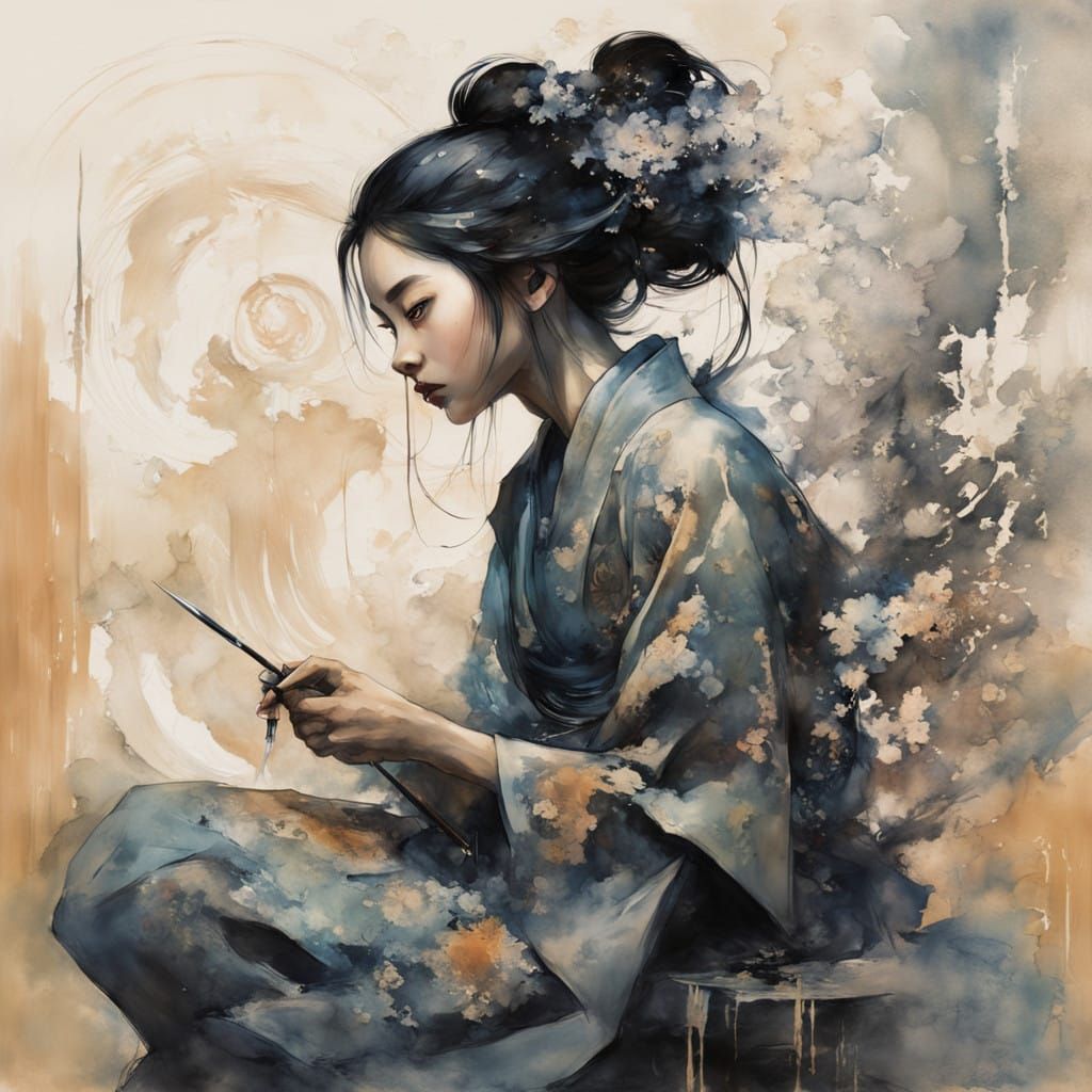 A female cyborg doing calligraphy