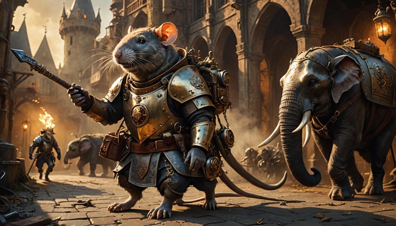 Steampunk Rat Warrior on Armored Elephant