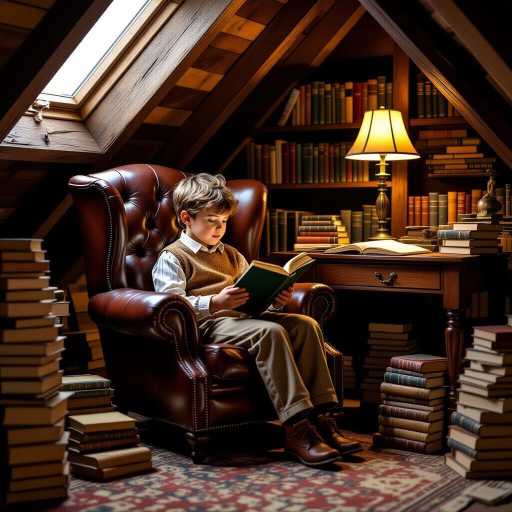 Boy Reading in Cozy Cluttered Attic Sanctuary