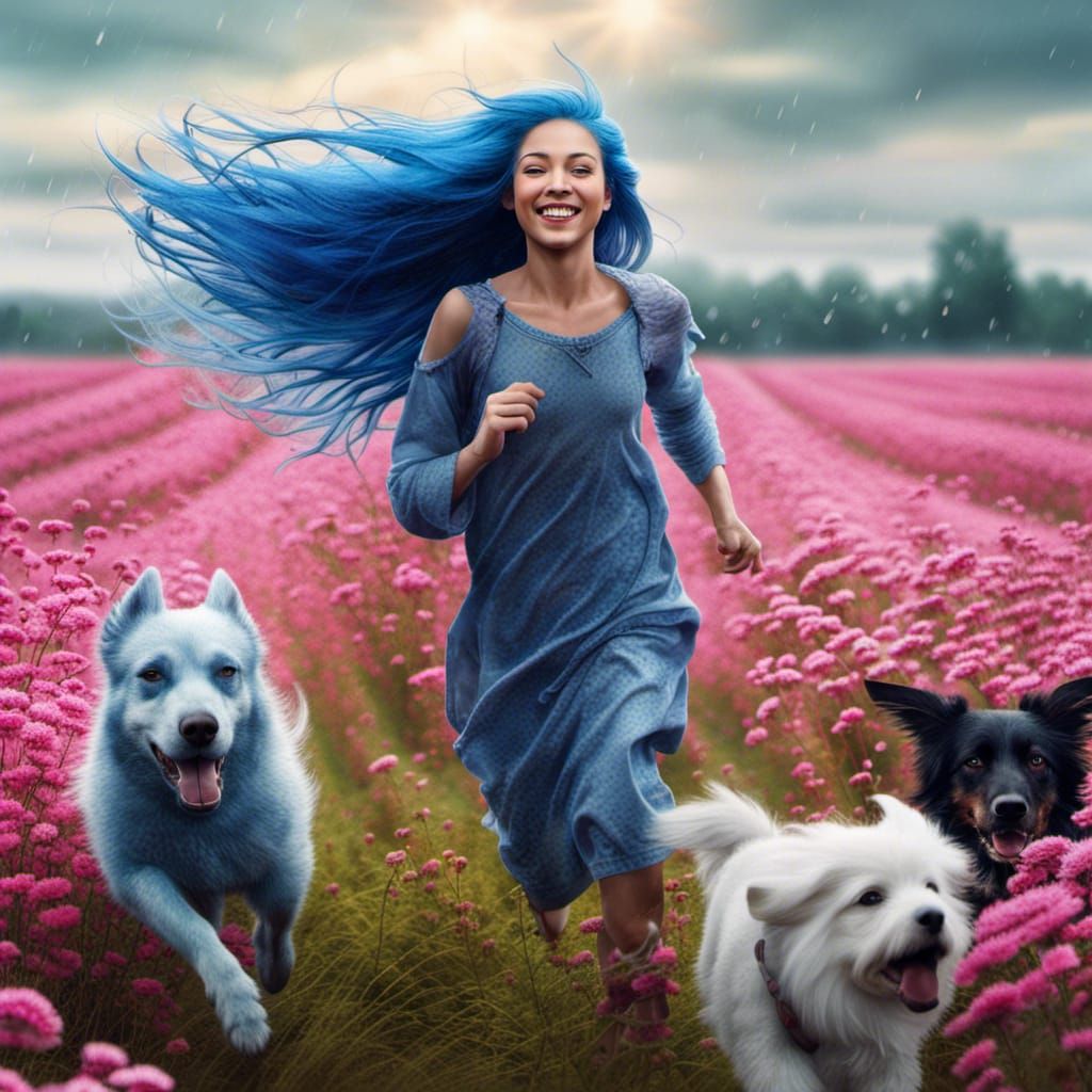 Girl with Blue Hair, Dogs, Flowers and Elven Wings