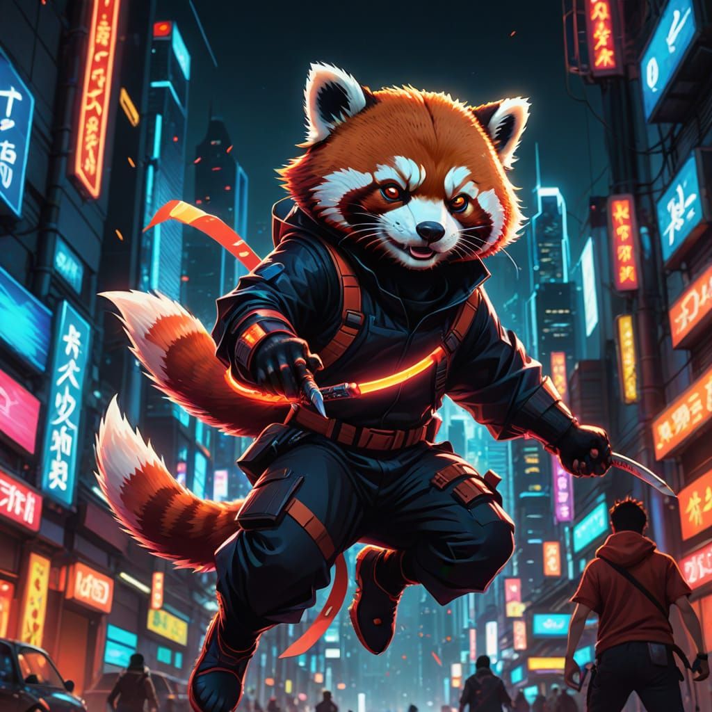 Red Panda Ninja Leaping Through Neon Cyberpunk City