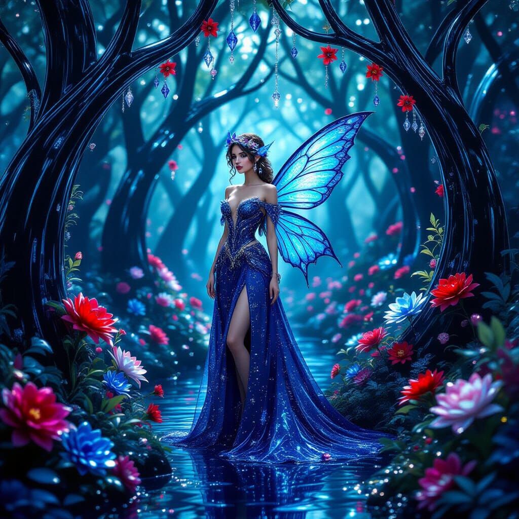 Sapphire Fairy in Crystalline Glass Forest