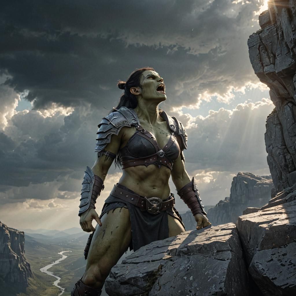 Grieving Orc on Cliff Edge: Dramatic Sunlight