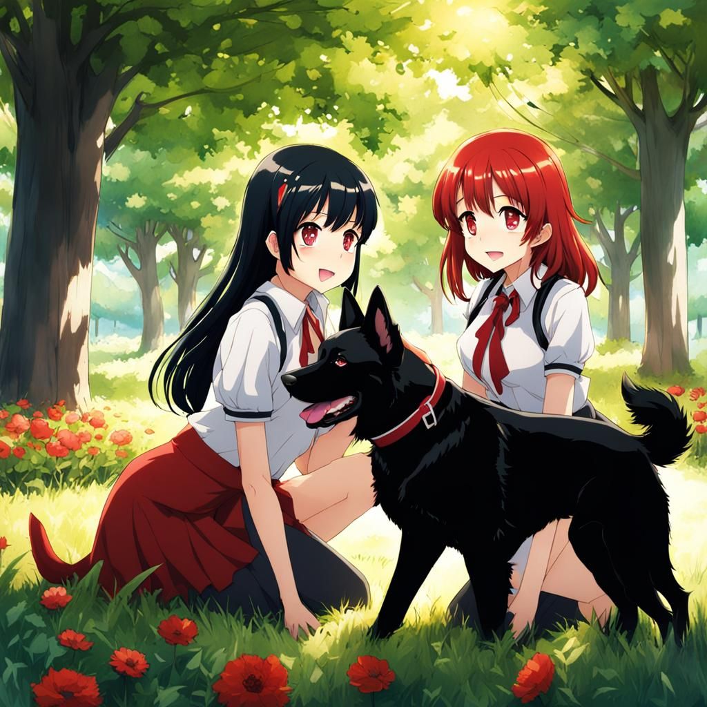 Anime Style: Two Girls with German Shepherd