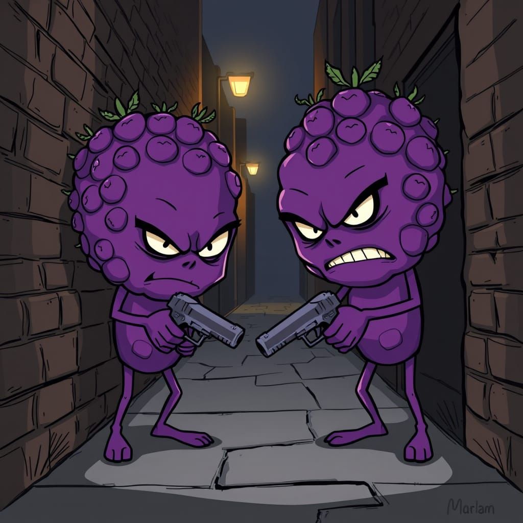 Berries in a Dark Alley Scene, Cartoon Art