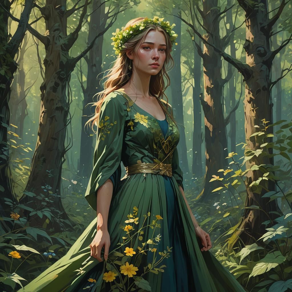 Girl in Floral Gown in Lush Forest, Digital Painting