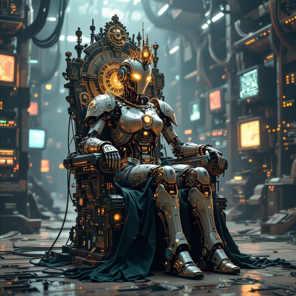 Clockwork Robot Queen on Circuit Board Throne in Server Farm