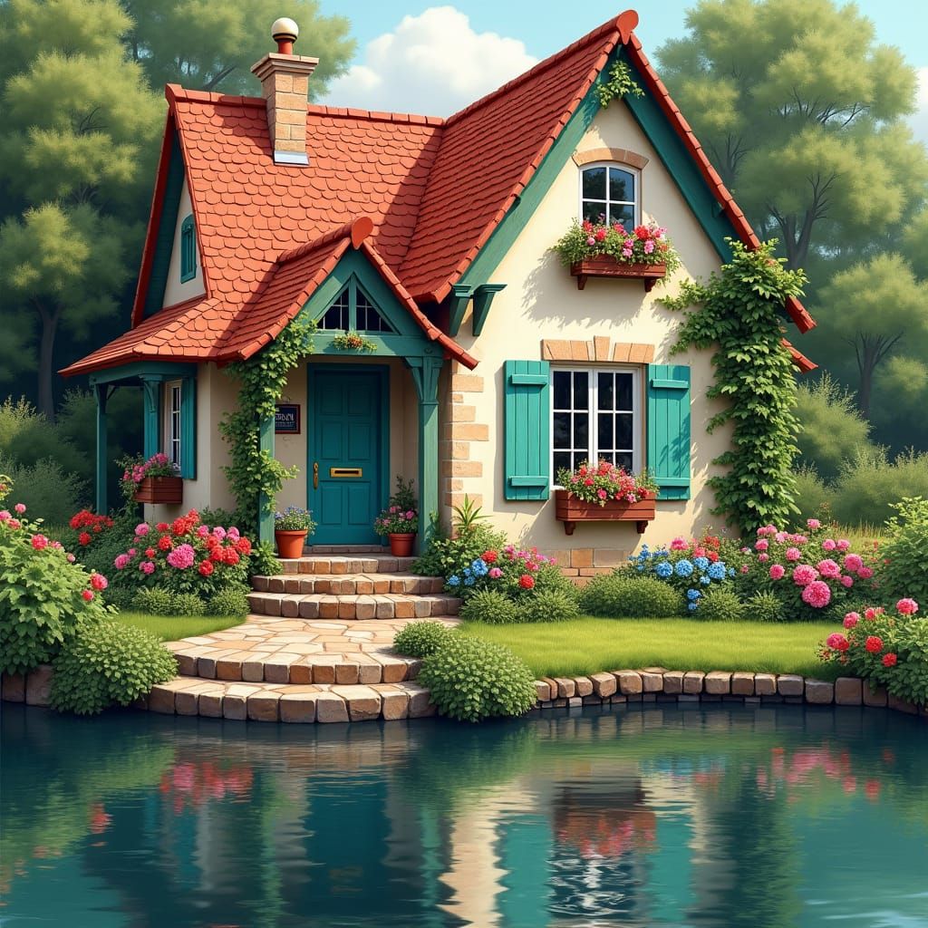 Idyllic Cottage Reflecting in Pond, Romantic Landscape