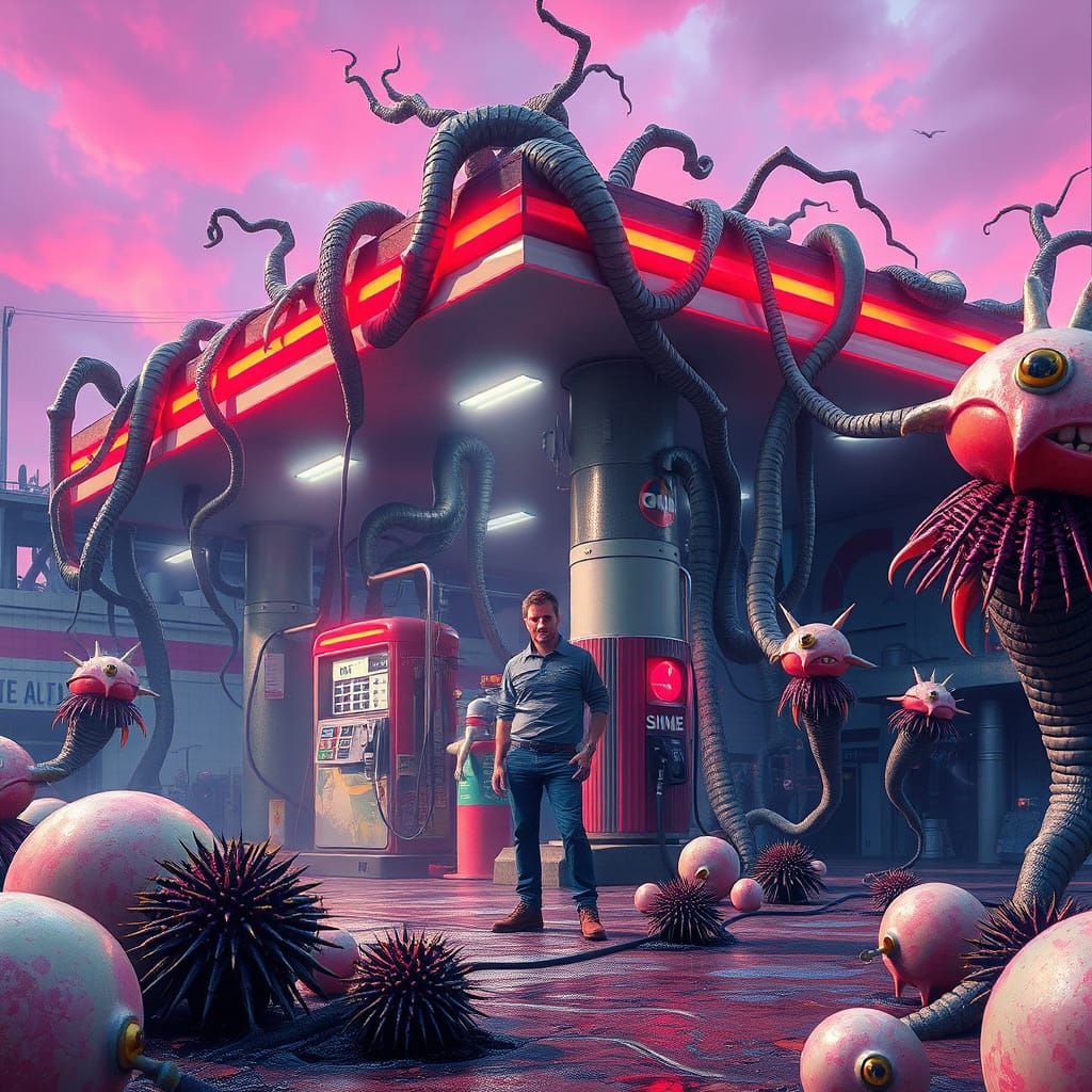 Biomechanical Gas Station Overrun by Spiky Slime
