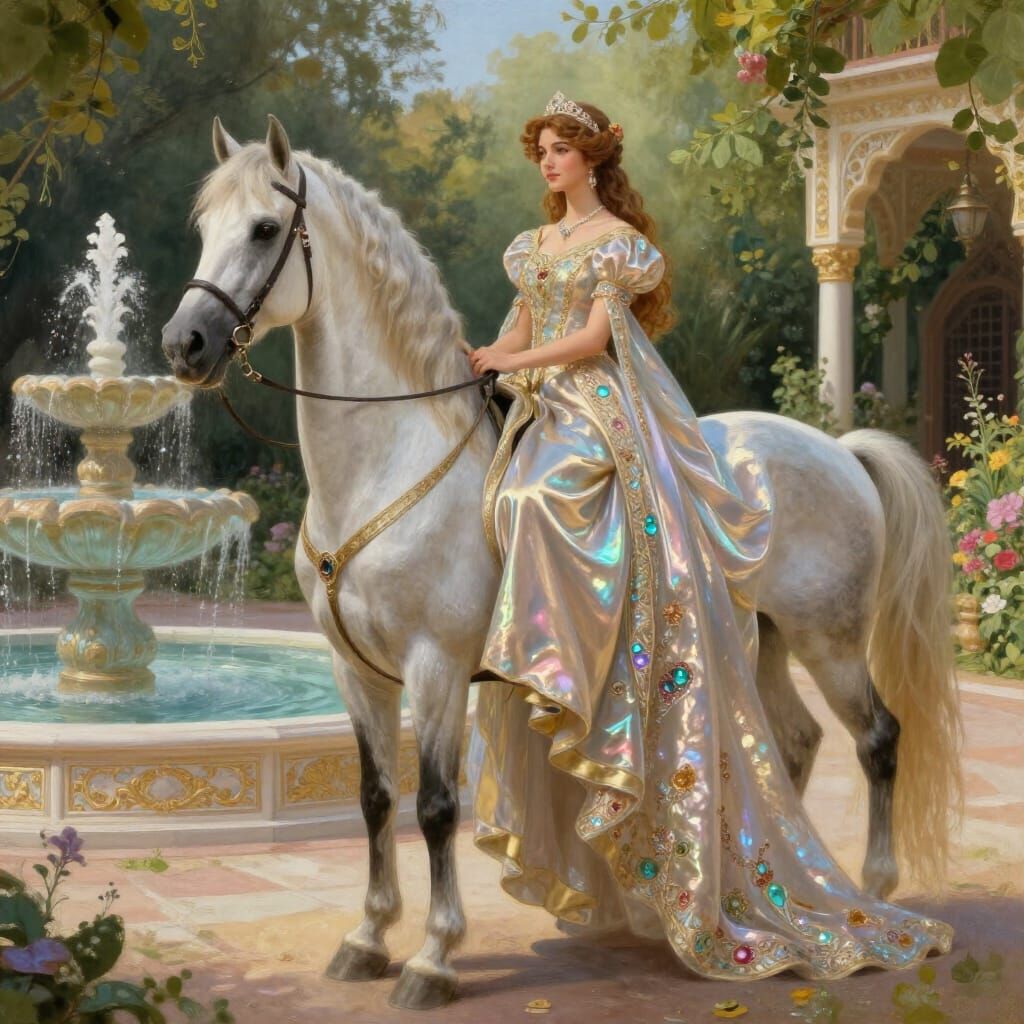 Princess on Arabian Horse in Royal Courtyard Oil Painting