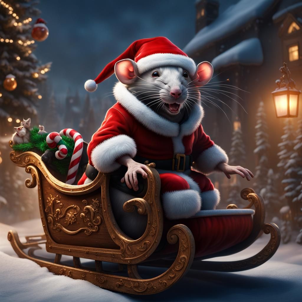 Rat Santa in Dog Sleigh: Detailed Matte Painting