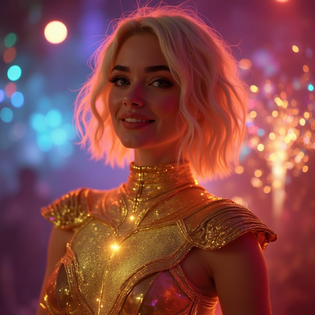 Golden Goddess in Opulent Cosmic Suit