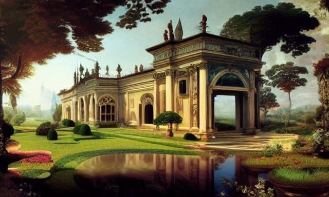 Renaissance Gardens with Italian Mansion: Baroque Oil Painti...