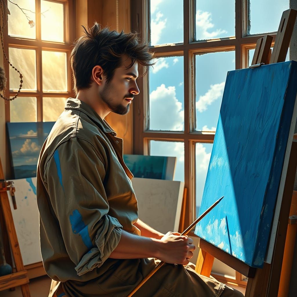 Romantic Artist at Work in Vibrant Blue Palette
