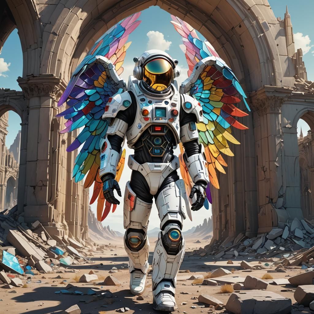 Biomechanical Astronaut with Stained Glass Wings