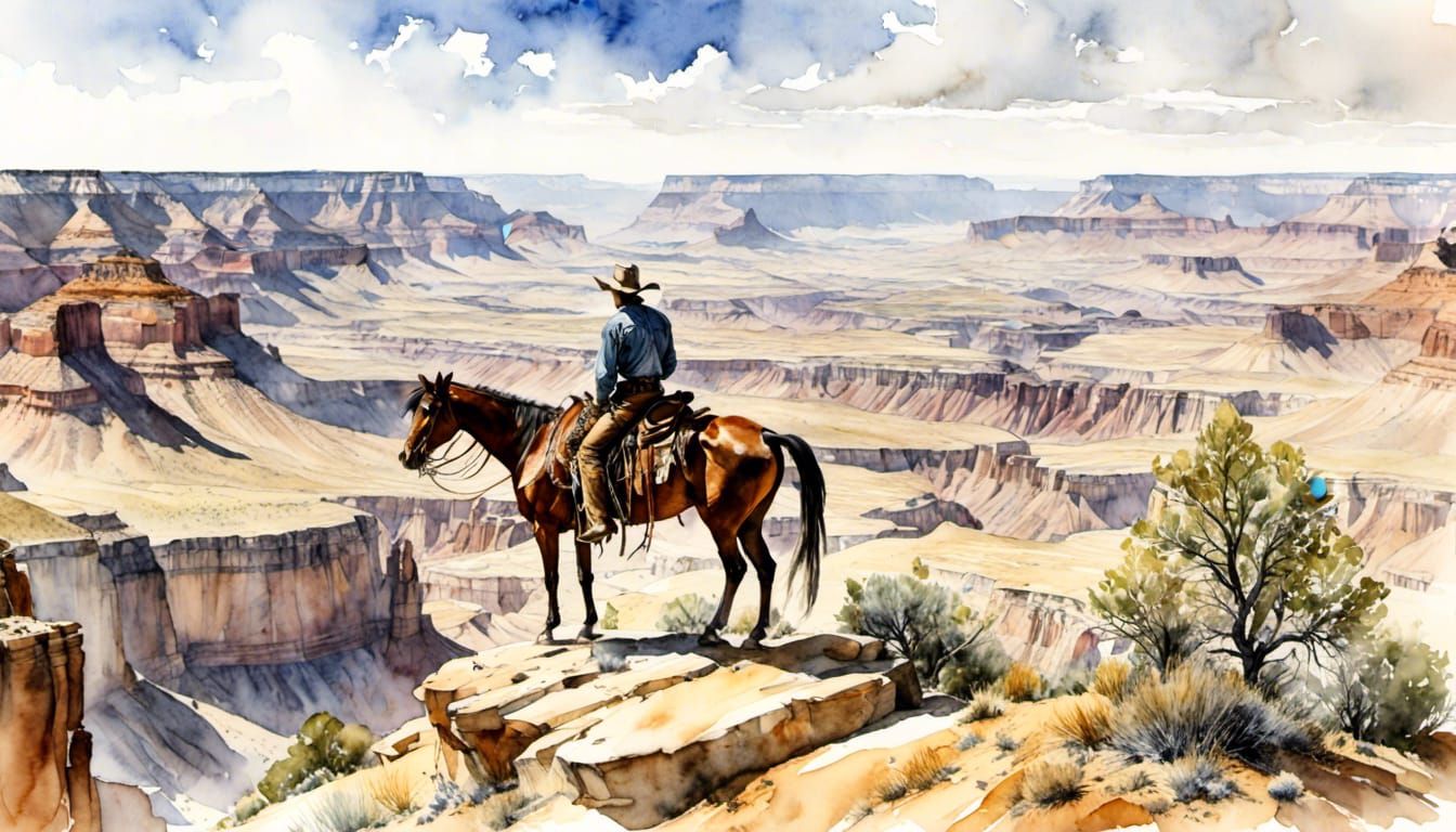 Cowboy in Montana Badlands Watercolor Illustration