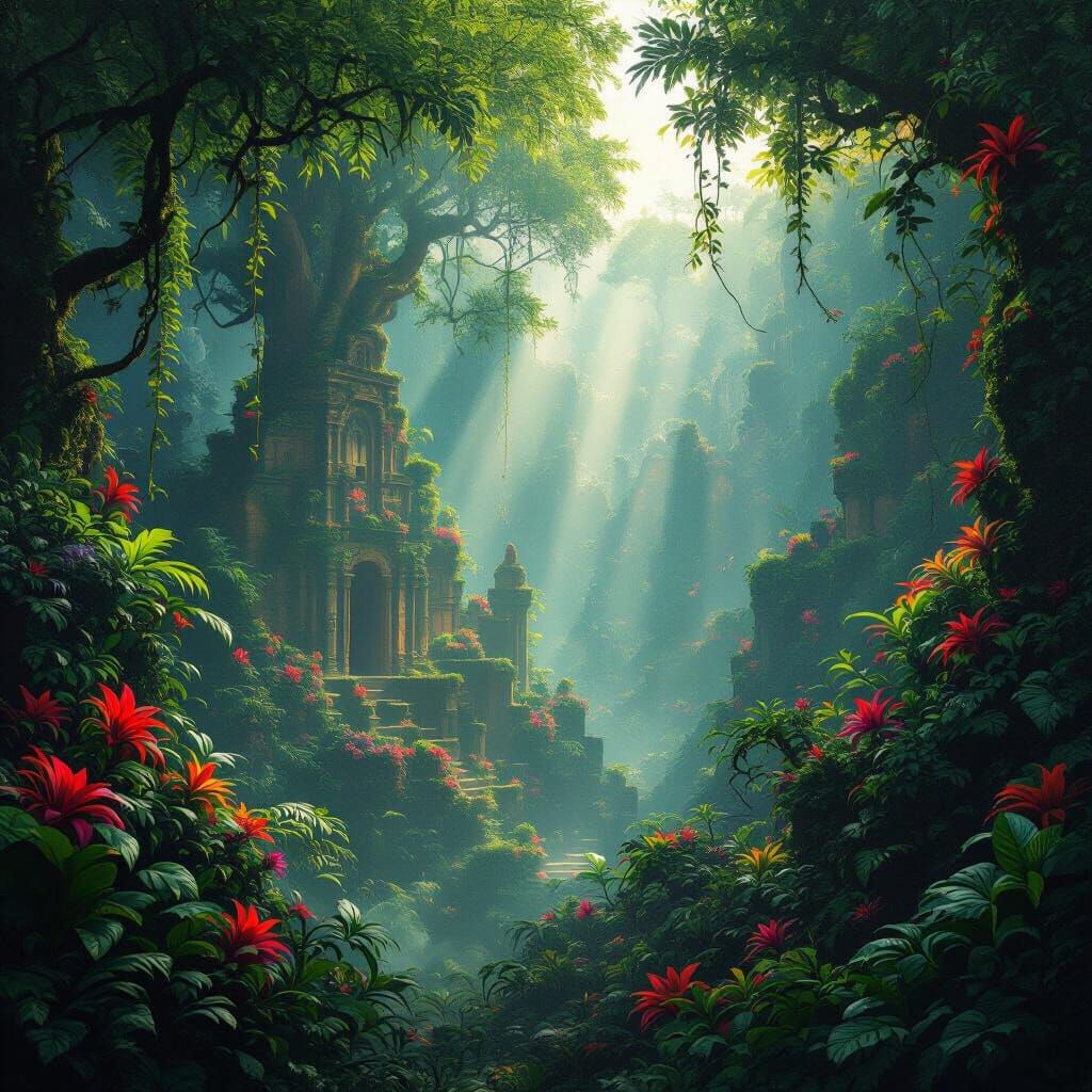 Magical Rainforest Ruins in Luminous Digital Matte Style
