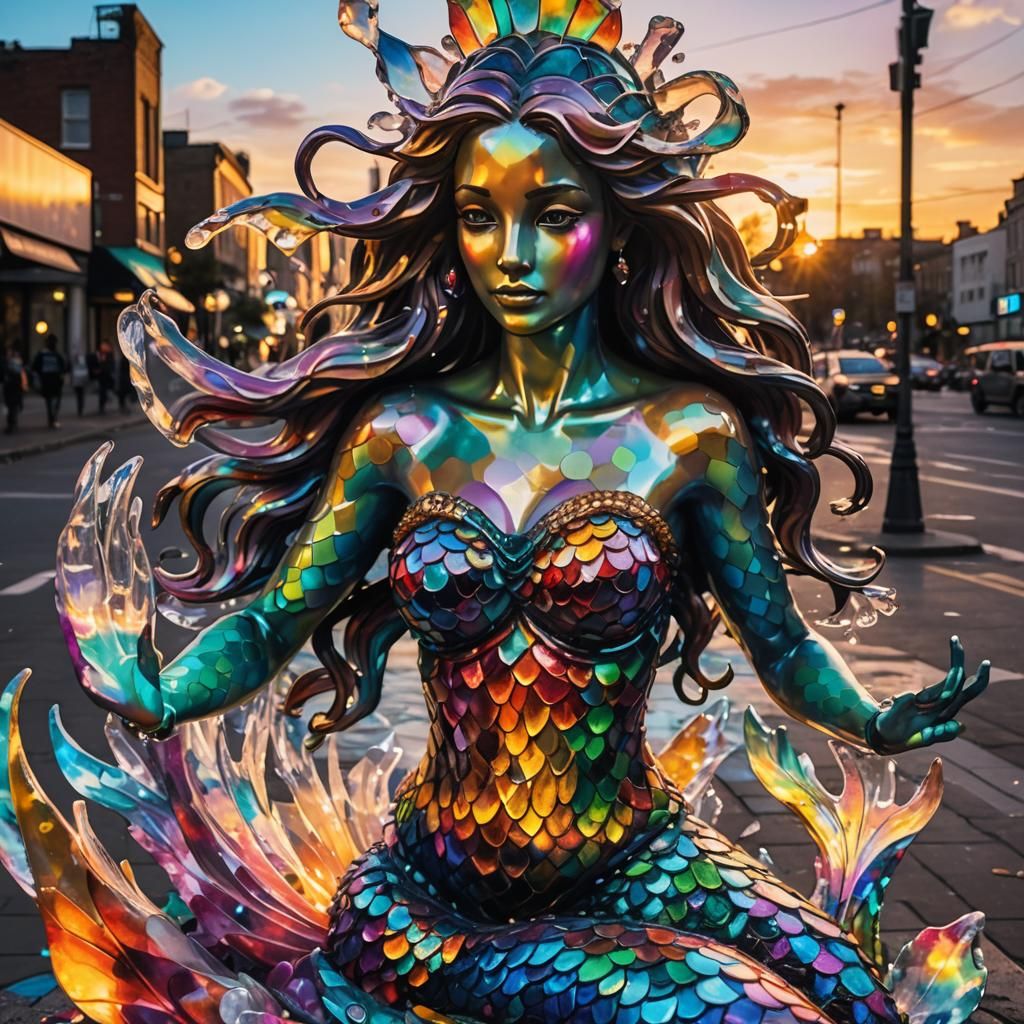 Crystal Mermaid Statue in Vibrant Street Art