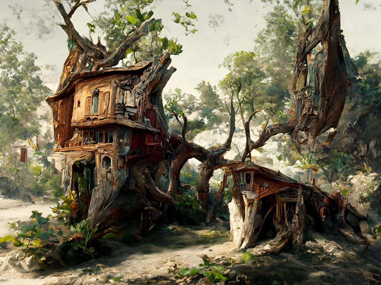 Enchanting Treehouse Village in Hyperrealistic Oil Painting