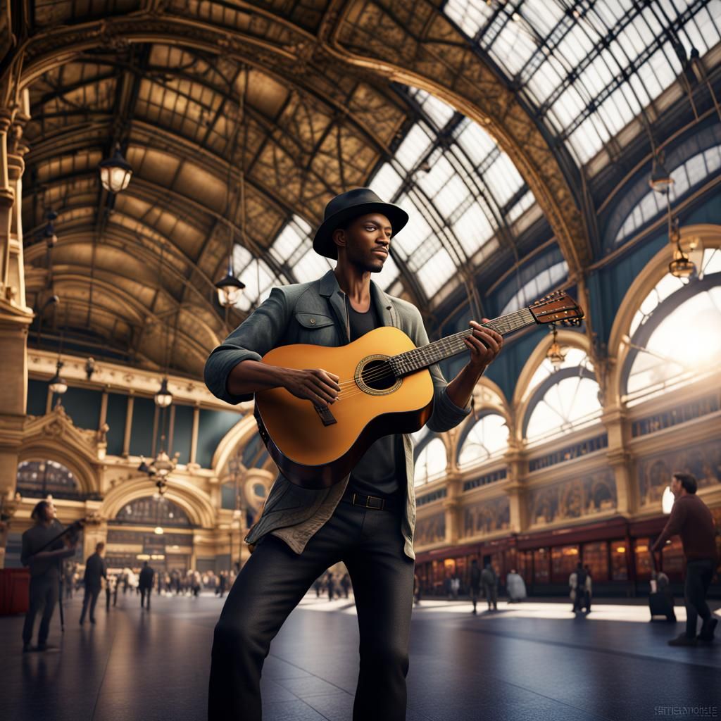 Guitar Player at Flinders Street Station: Detailed Digital A...