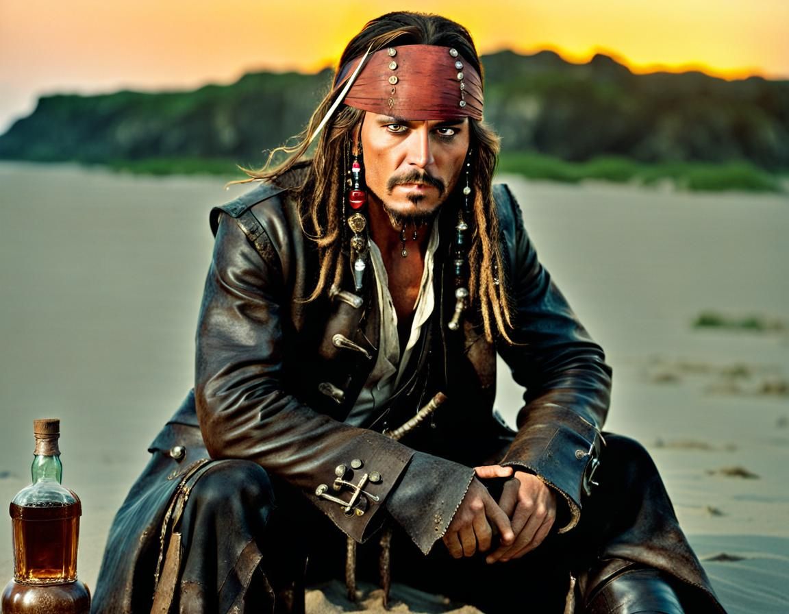 Captain Jack Sparrow on Sandy Beach at Golden Hour