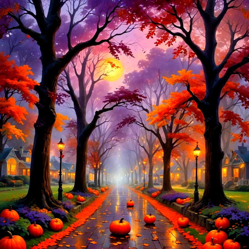 Autumn Street Scene with Ethereal Lighting