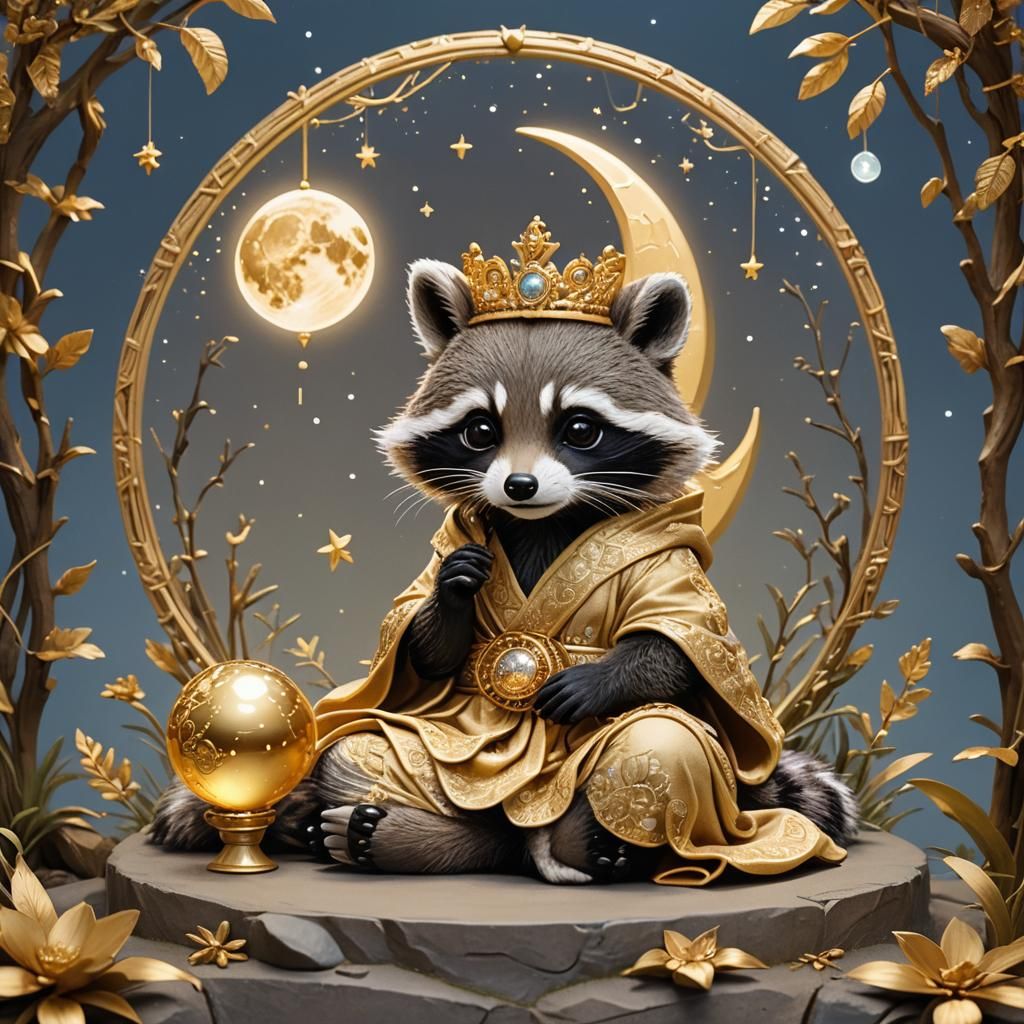 Chibi Raccoon Goddess with Moon Sphere
