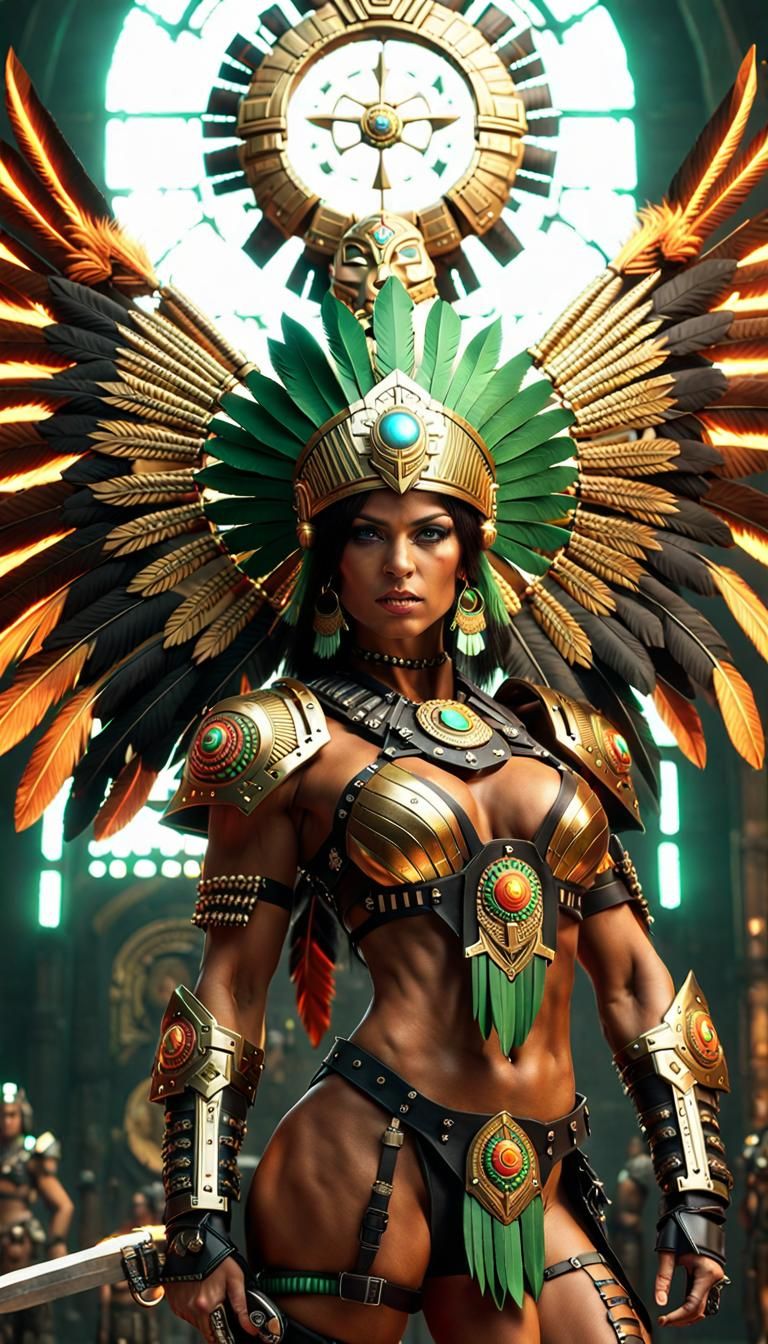 Aztec Warrior Woman with Flaming Sword in Cyberpunk Style