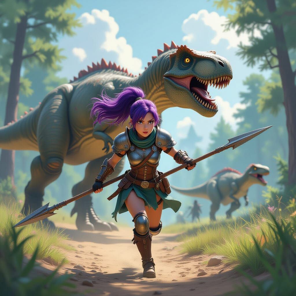 Girl Running from T-Rex in Fantasy World