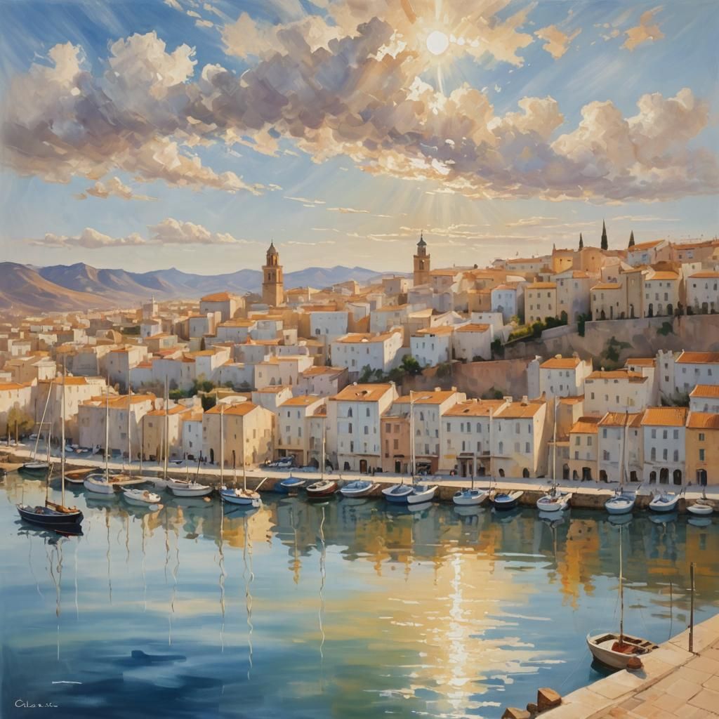 Serene Spanish Port in Impressionist Oil Painting