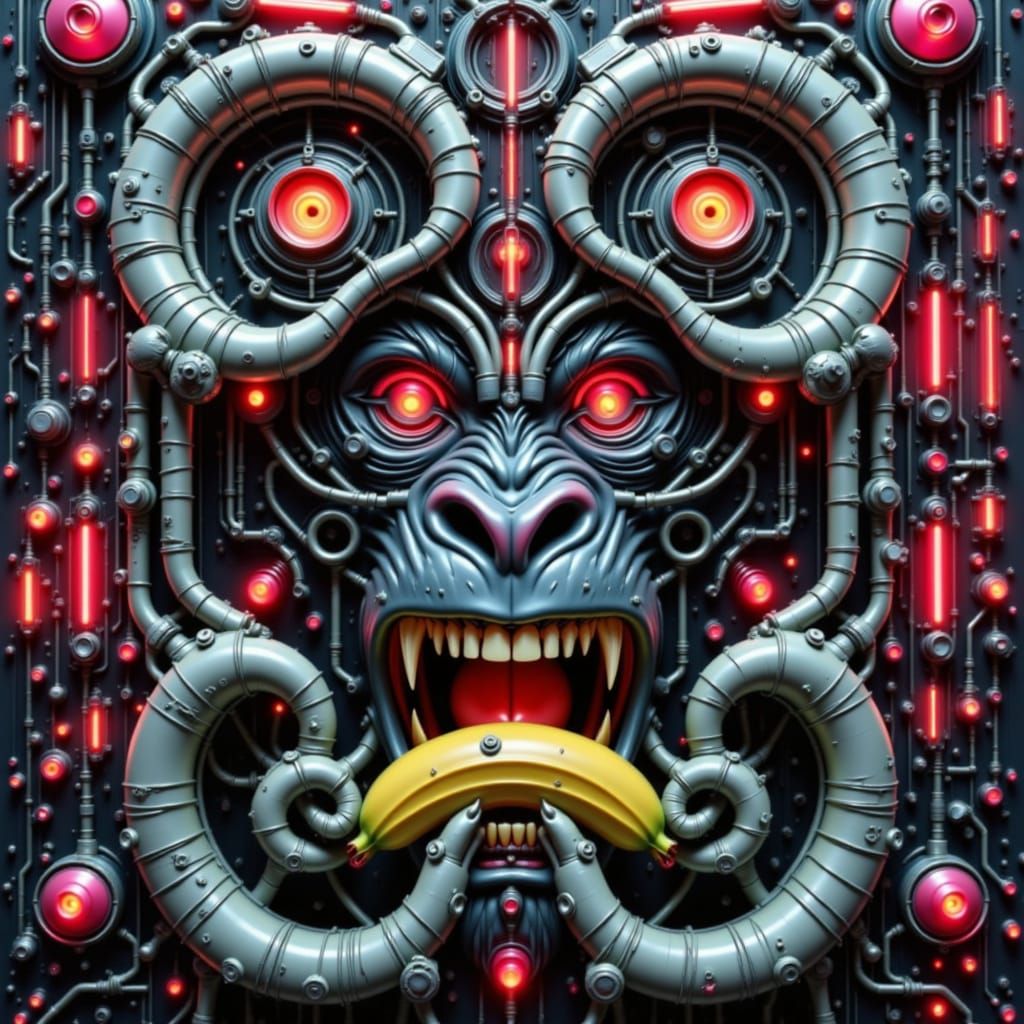 Circuitry Gorilla Eating Banana in Neon Cityscape