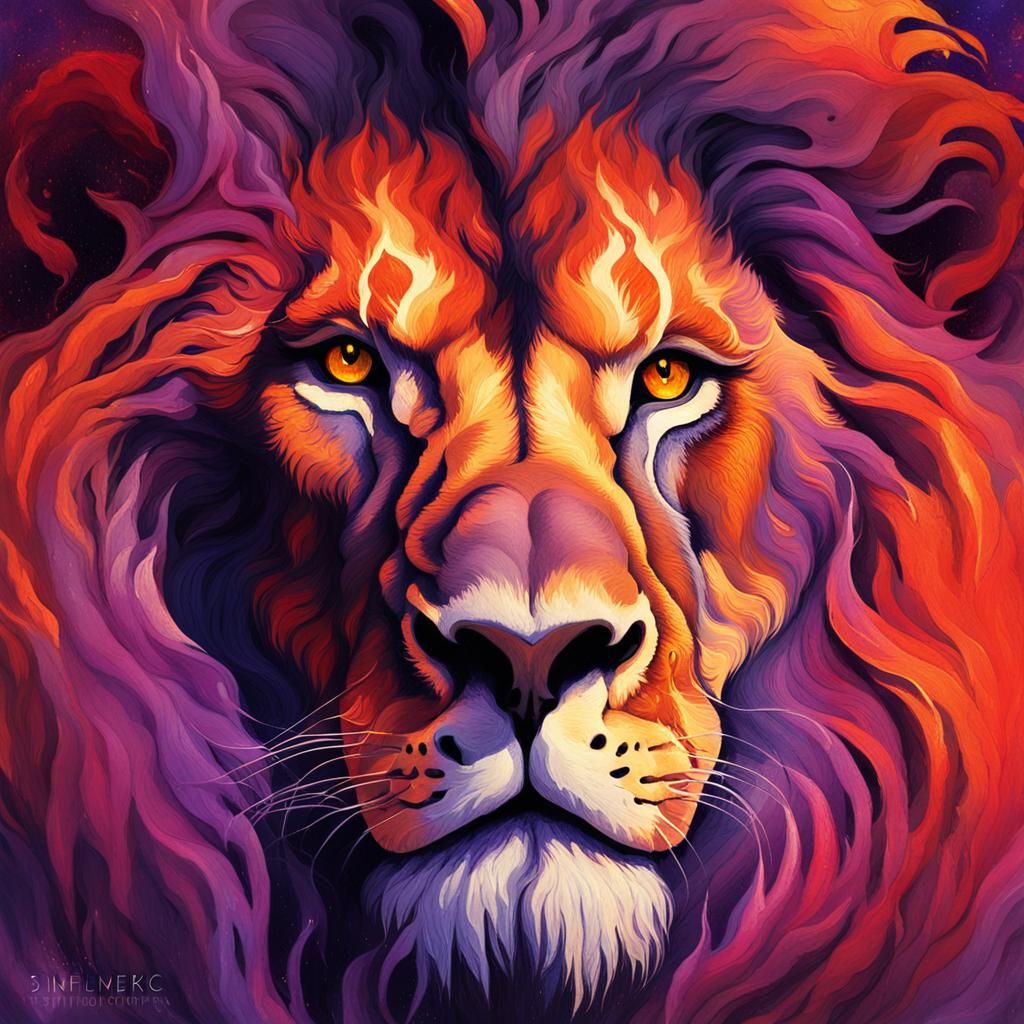 Fiery Lion Portrait in Surreal Fantasy Art