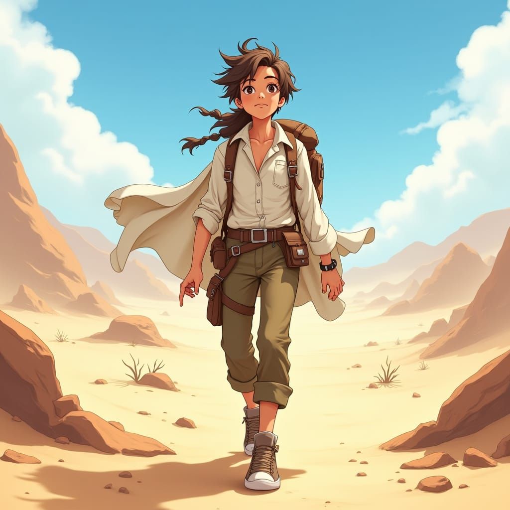 Anime Nomad in Sun-Kissed Desert Landscape
