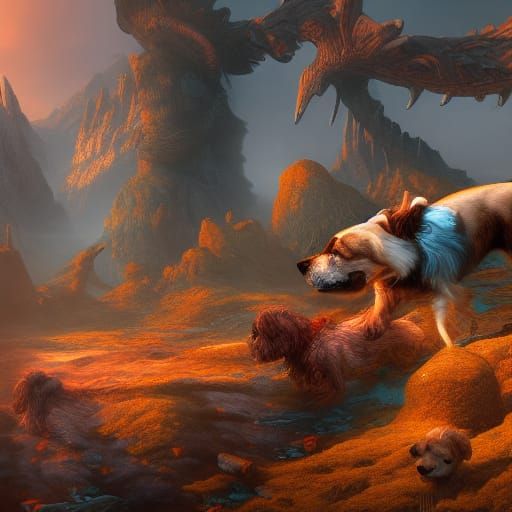 Detailed Matte Painting of Dogs in Fantasy Art