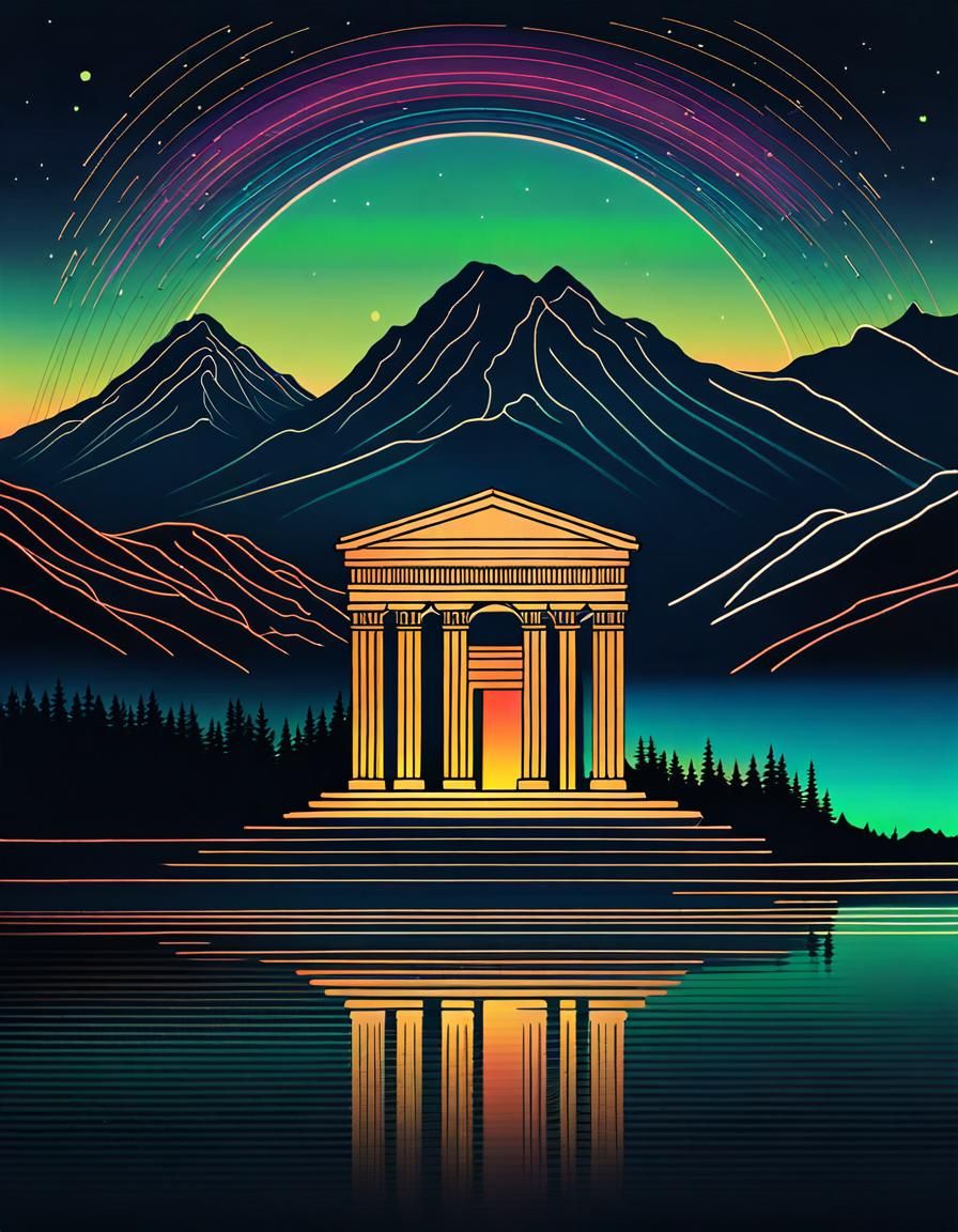 Japandi Line Art: Greek Temple Under Aurora