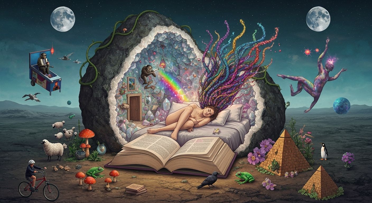 Geode Reader on Alien Planet: Dreamlike Illustration