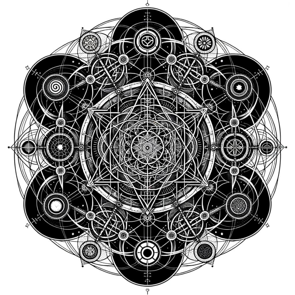Symmetrical Tattoo Design in Black Ink with Sacred Geometry