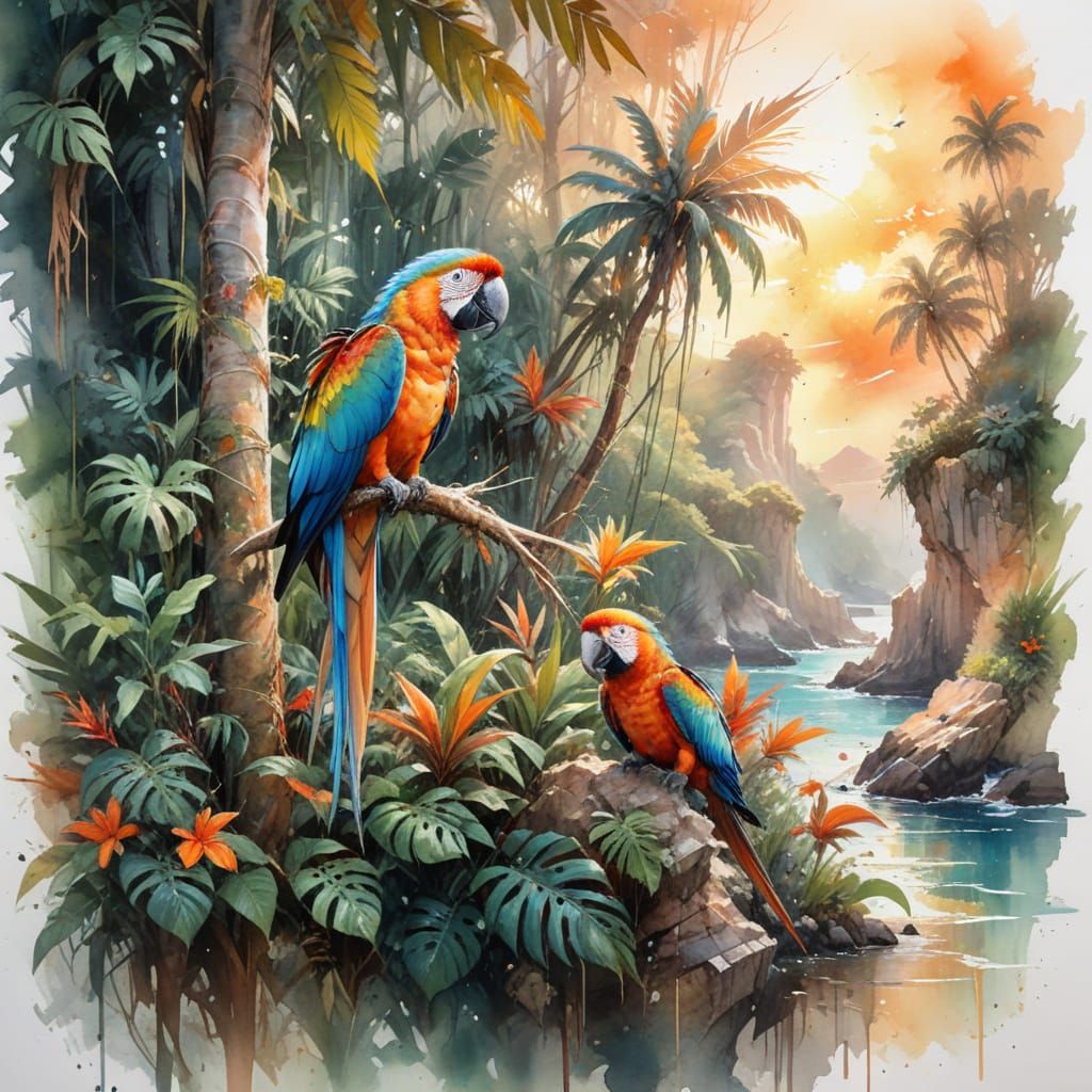 Macaw in Tropical Canopy at Sunset: Stylized Watercolour