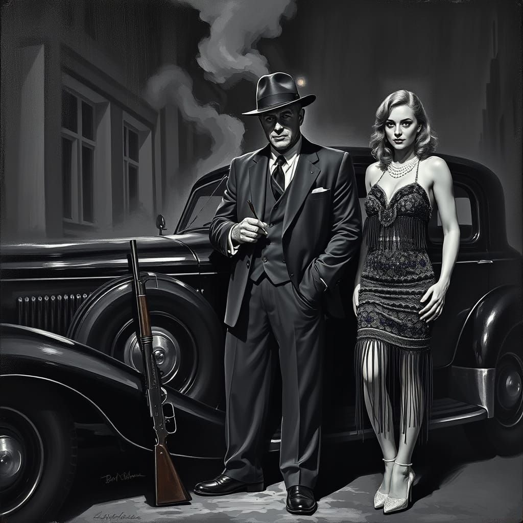 Vintage Gangster Boss with Flapper Girl in a Smoky Chicago A...