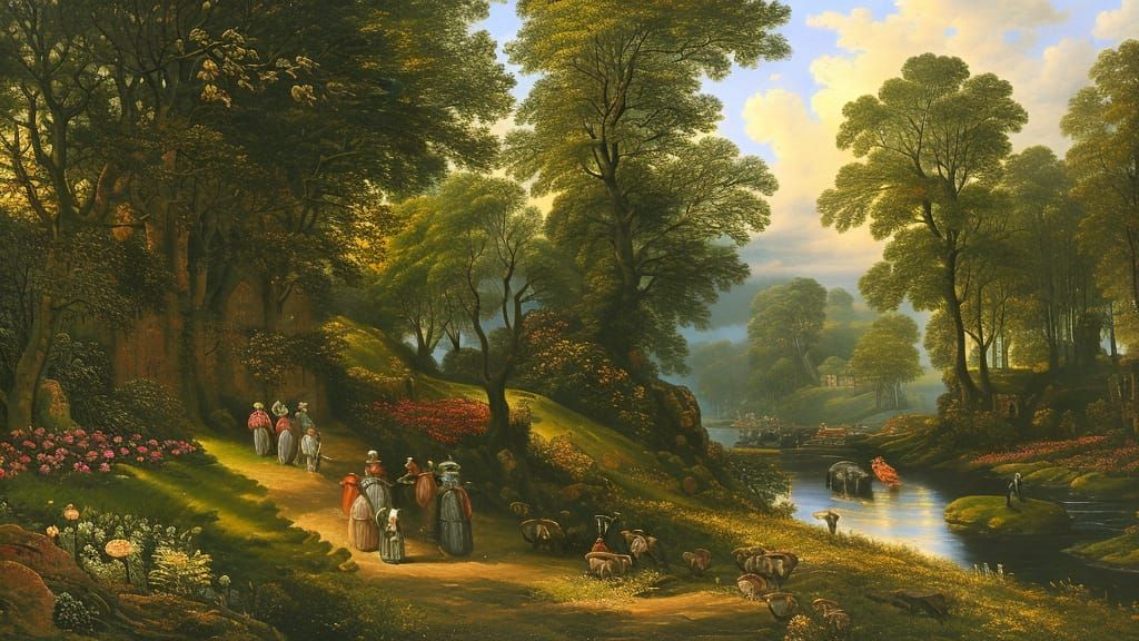 Constable-Style Landscape with Village and Colorful Nature