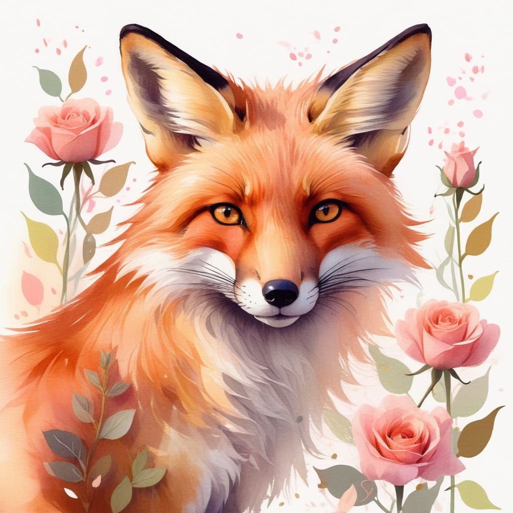 Fox Smelling Roses in Watercolor Style