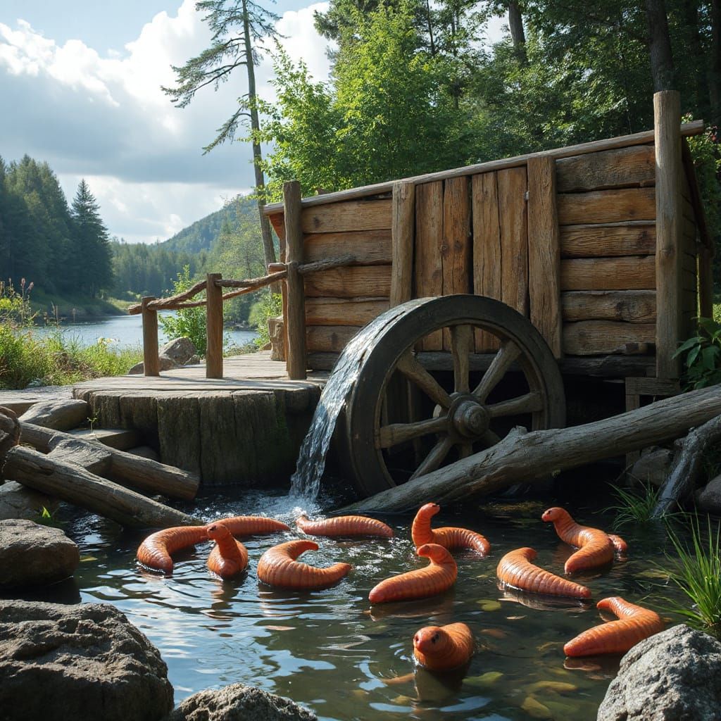 Wicked waterwheel, waiting, while whimsical worms wiggle wondrously