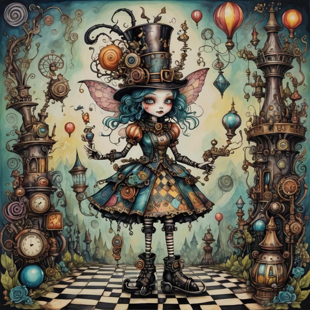 Steampunk Fairy with Robotic Companion in Dreamlike Landscap...