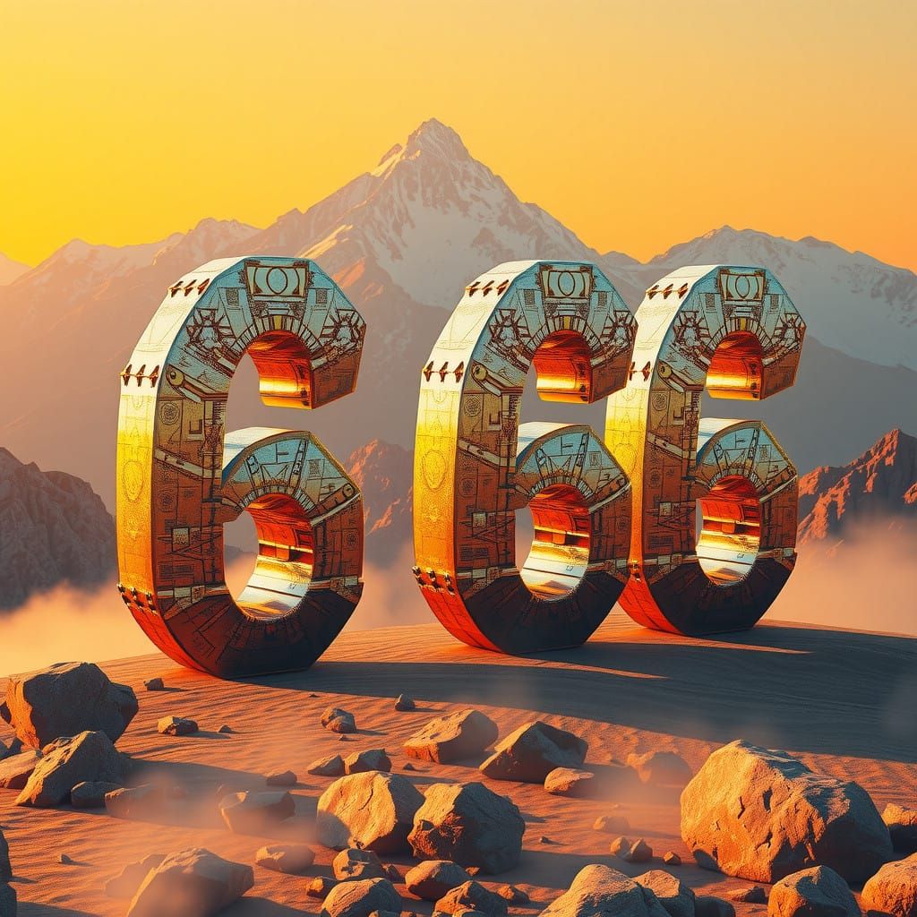 Surreal Mountain Range with Metallic 666 in Futuristic Style