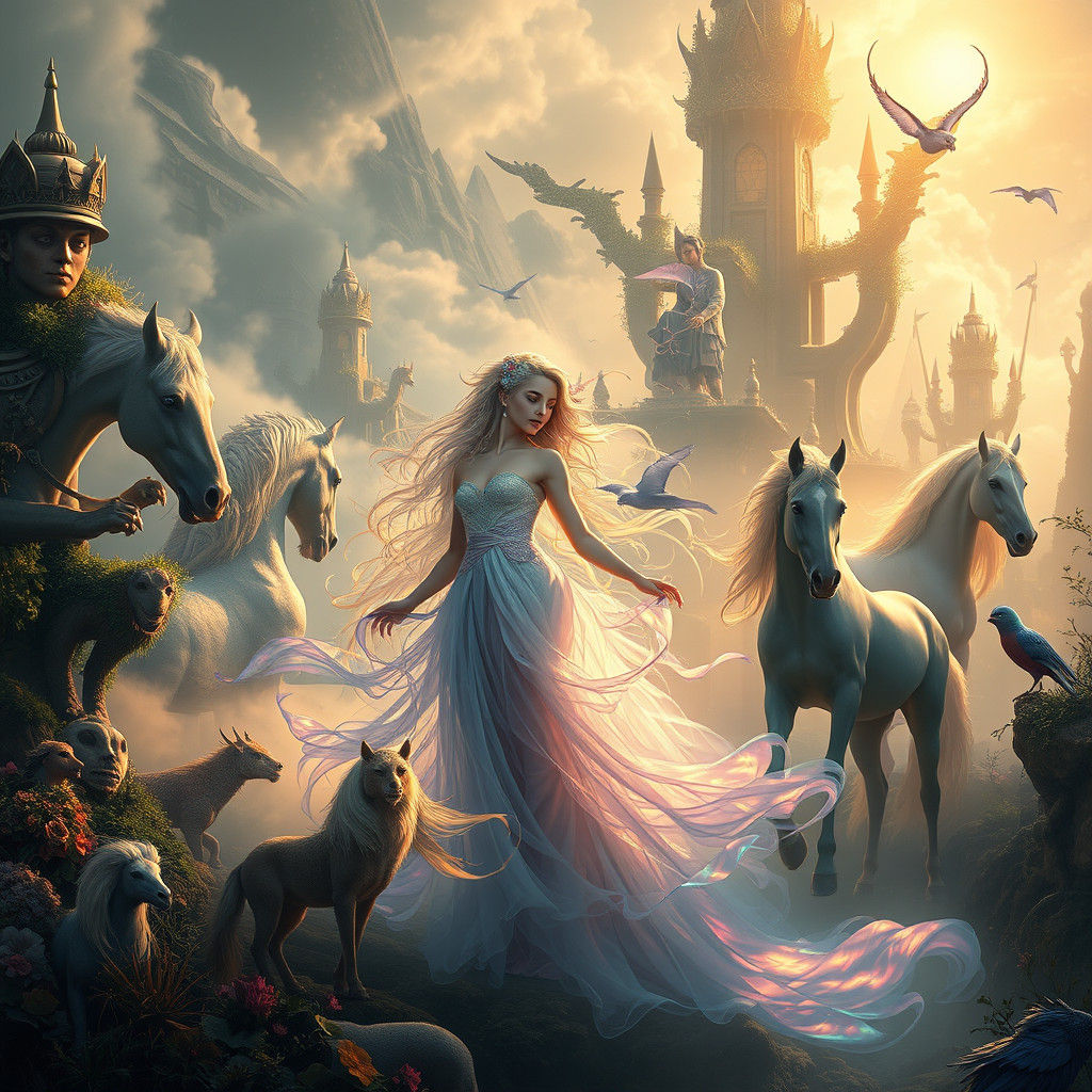 Ethereal Woman with Mythical Creatures in Fantasy Art
