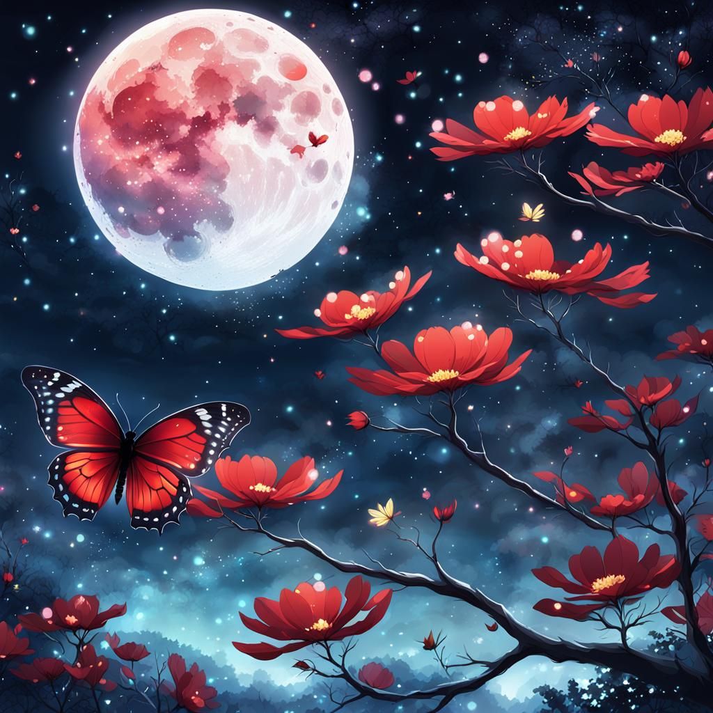 Whimsical Red Butterfly with Cosmos in Anime Style