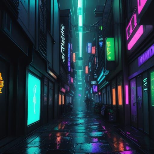 Futuristic City Alleyway at Night with Cyberpunk Parrot